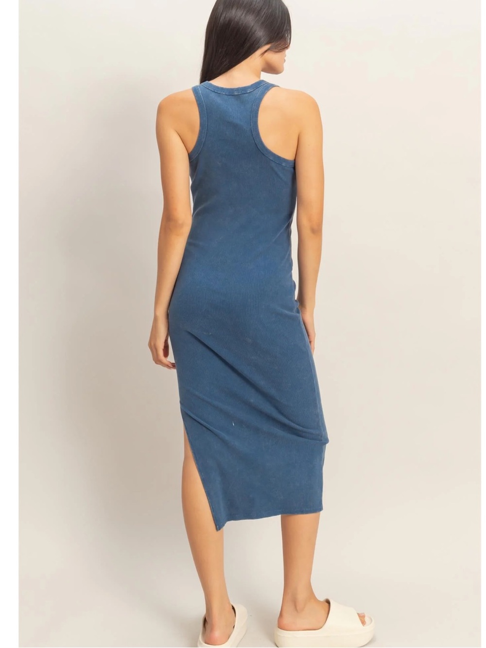 NEW Double Zero Navy Blue Ribbed Slit Midi Tank Dress Acid Wash Small - Picture 6 of 6